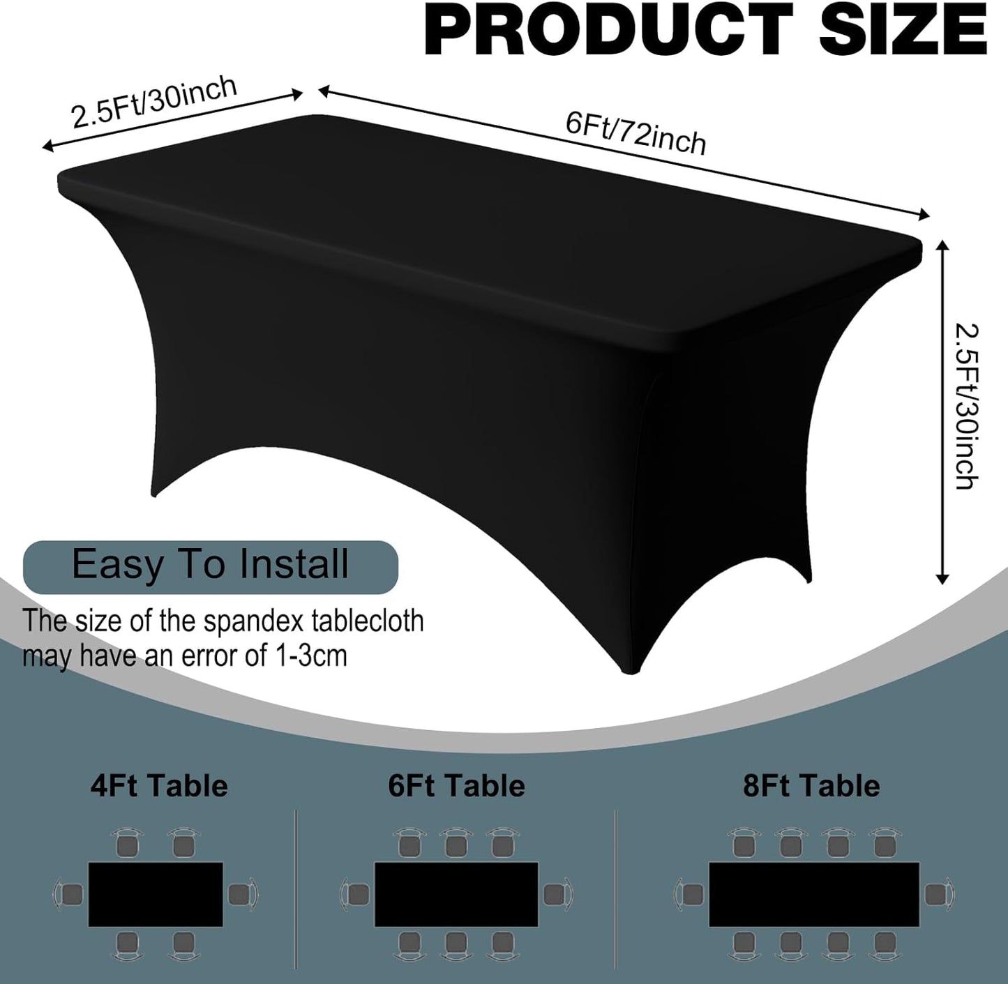 Trlyc 2 Pack 6FT Spandex Table Cloth - 72 x 30 Inch Rectangular Stretch Tablecloth, Wrinkle Resistant Scretch Table Cover for Wedding, Party, Banquet, Picnic, Outdoor Decoration (2Pcs,Black)