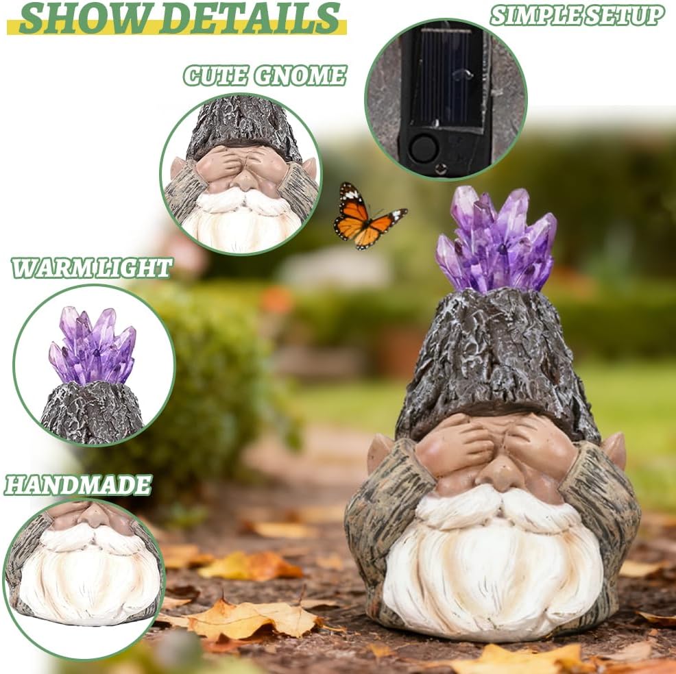 Solar Gnome Statue Decor with LED Solar Light, Handcrafted Resin Garden Amethyst Crystal Gnome Lamp Figurine for Yard Porch Home Decor for Gardeners & Garden Aesthetic Lovers