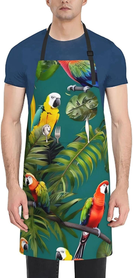 Tropical plants and parrots print Waterproof apron with pocket adjustable cooking apron for adult kitchen bibs to bake
