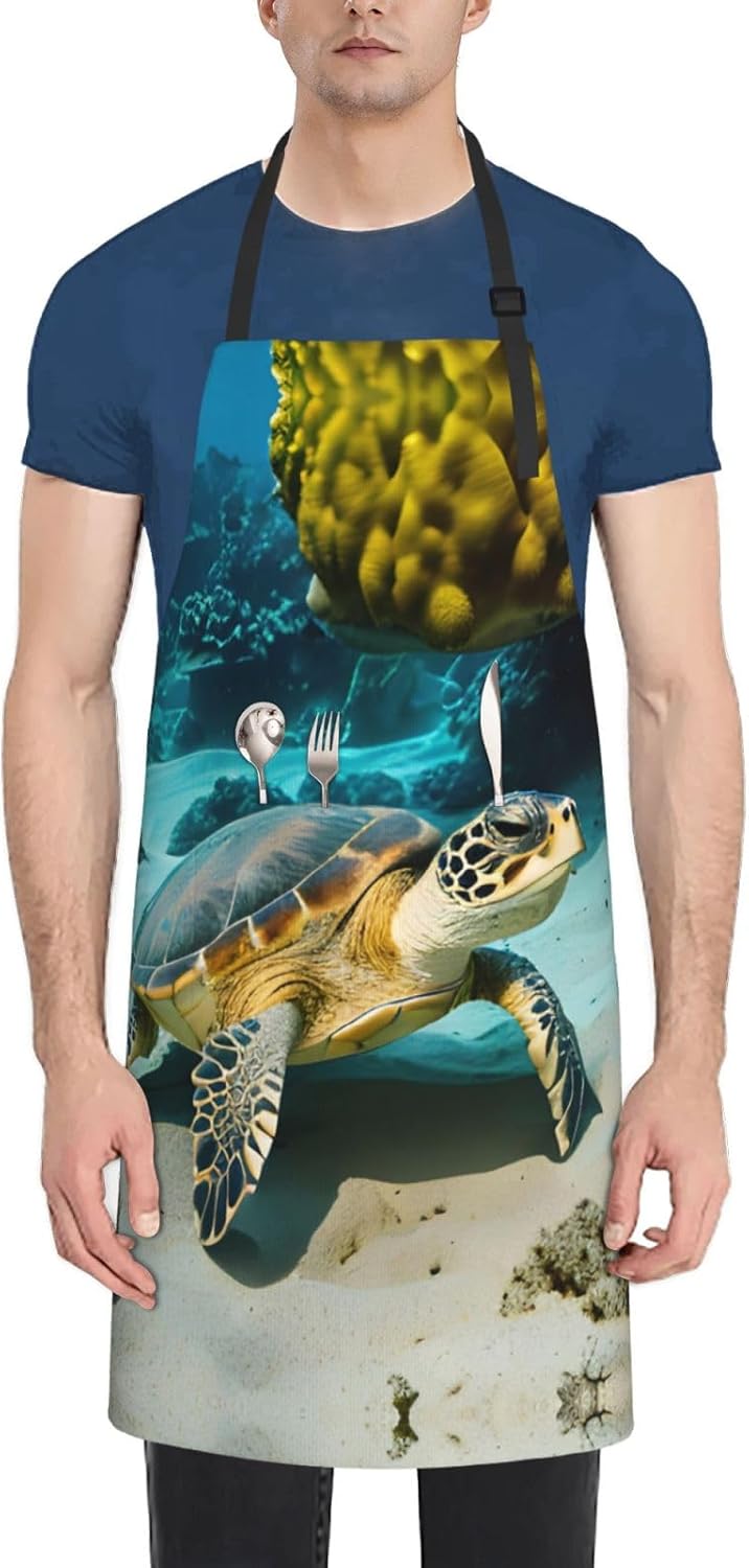 Sea Turtle Print 28x33 In Adult Kitchen Apron with Pockets Versatile Chef Smock for Cooking Baking