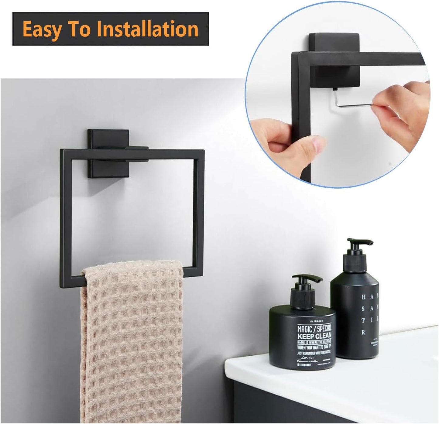 Towel Ring - Thicken SUS 304 Stainless Steel Towel Holder, Towel Racks for Bathroom, Square Modern Design Hand Towel Holder, Contemporary Hand Towel Bar - Matte Black
