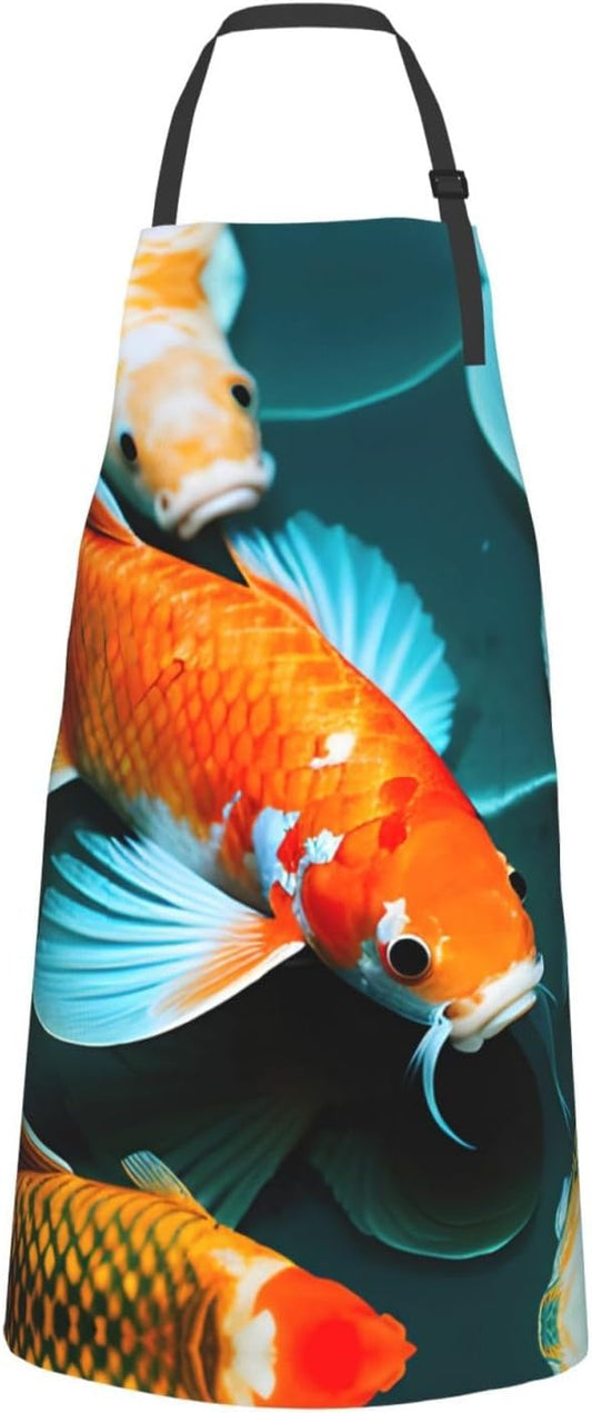 HD Japanese Koi Fish print Waterproof chef's apron with pocket apron for kitchen cooking baking barbecue and gardening