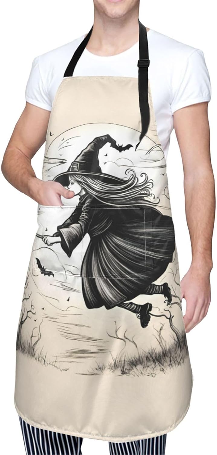 Halloween Witch Flying print Waterproof chef's apron with pocket apron for kitchen cooking baking barbecue and gardening