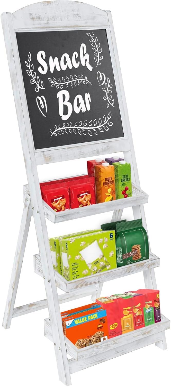MyGift Shabby Whitewashed Wood Freestanding Chalkboard Easel with 3-Tiered Display Shelves, Decorative Chalkboard Plant Shelf Stand