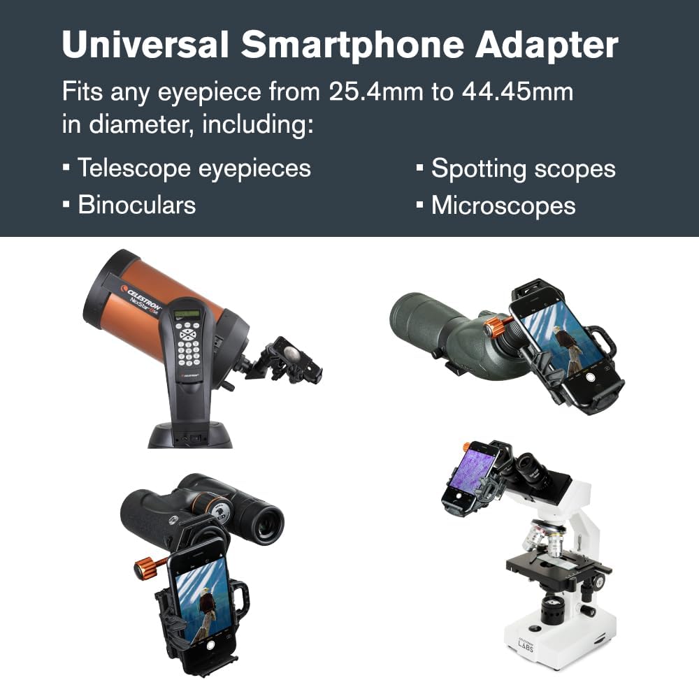 Celestron – NexGO DX – Universal Smartphone Adapter for Telescope, Binoculars & Spotting Scopes – 2-Axis Precision Alignment – Capture Images & Video Through Your Optics – Includes Bluetooth Remote