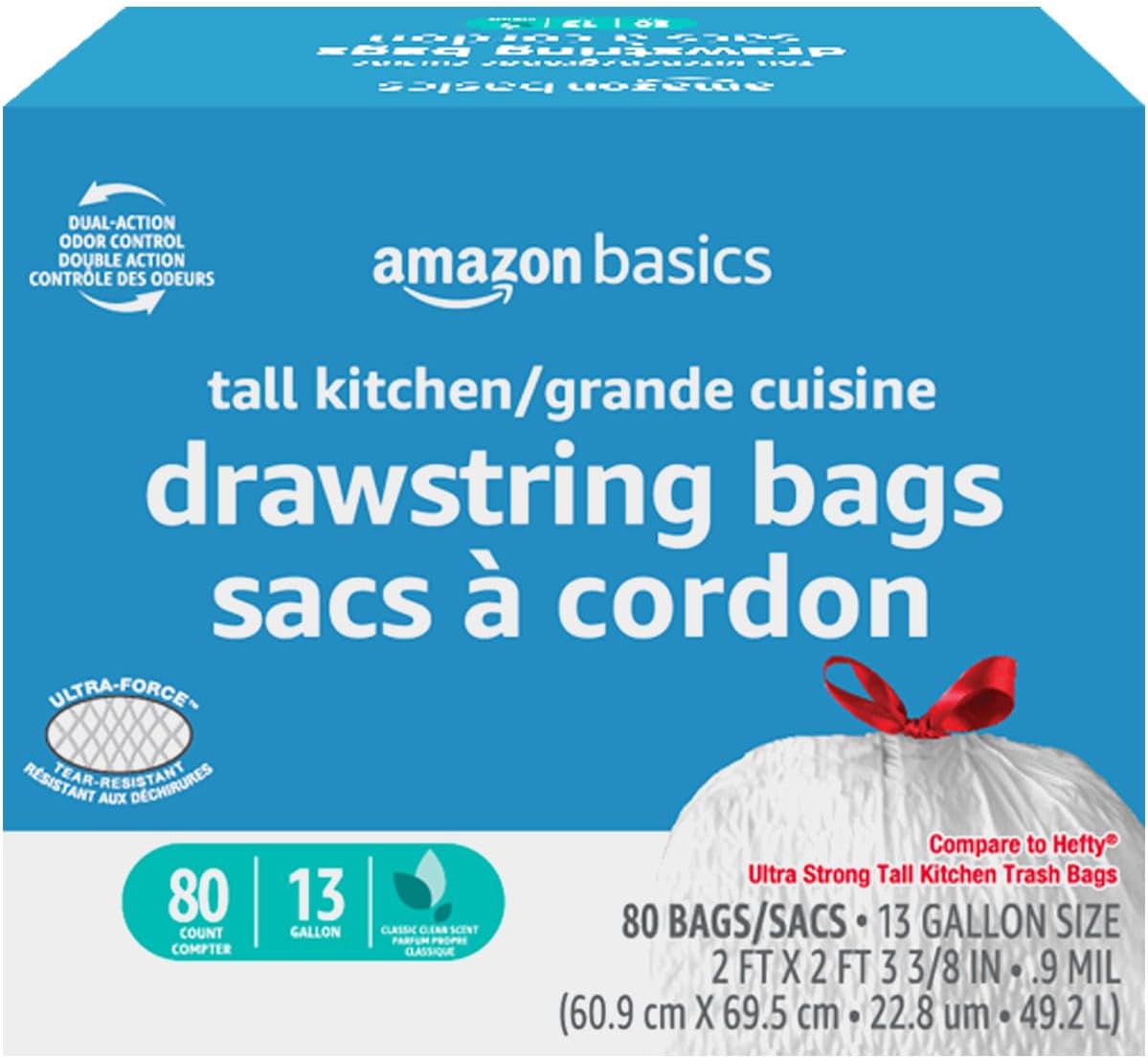 Amazon Basics Ultra-Force Tall Kitchen Drawstring Trash Bags, Classic 