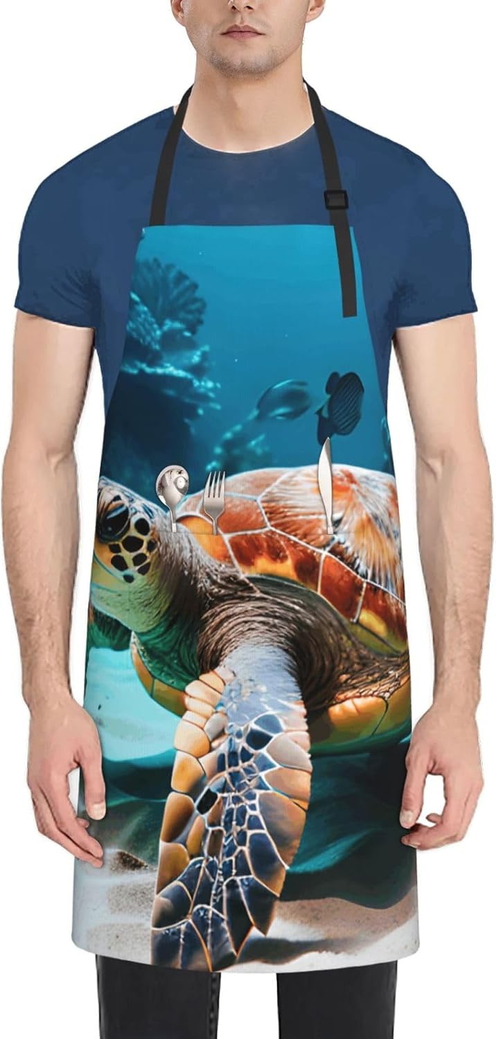 YANYU Sea Turtle Print 28x33 In Kitchen Apron Stylish Chef Apron with 