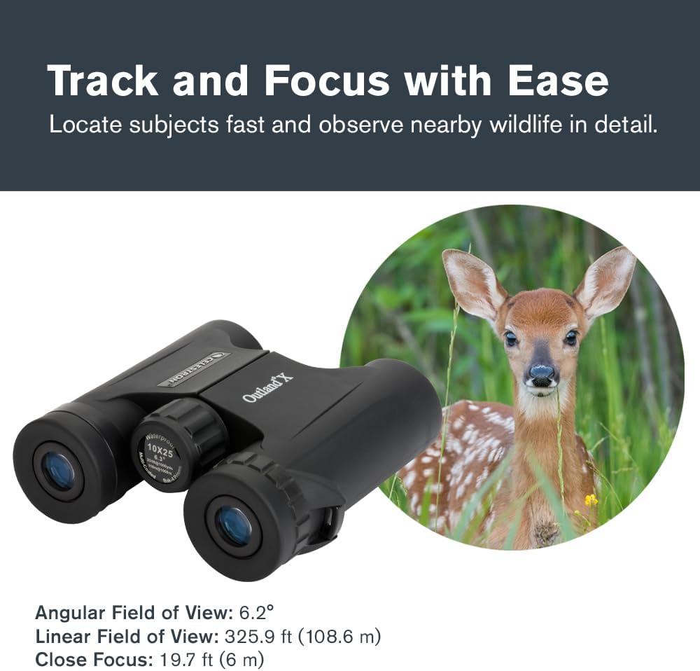 Celestron - Outland X 10x25 Binoculars – Ideal for Birding and Outdoors – 25mm Objective Lenses – 6.2° Field of View – BaK-4 Prisms – Multi-Coated – Waterproof and Fogproof