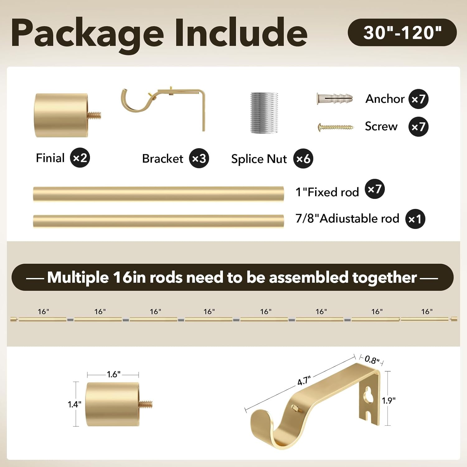 Heavy Duty Curtain Rods for Windows 66 to 120 Inch, 1 Inch Gold Curtai