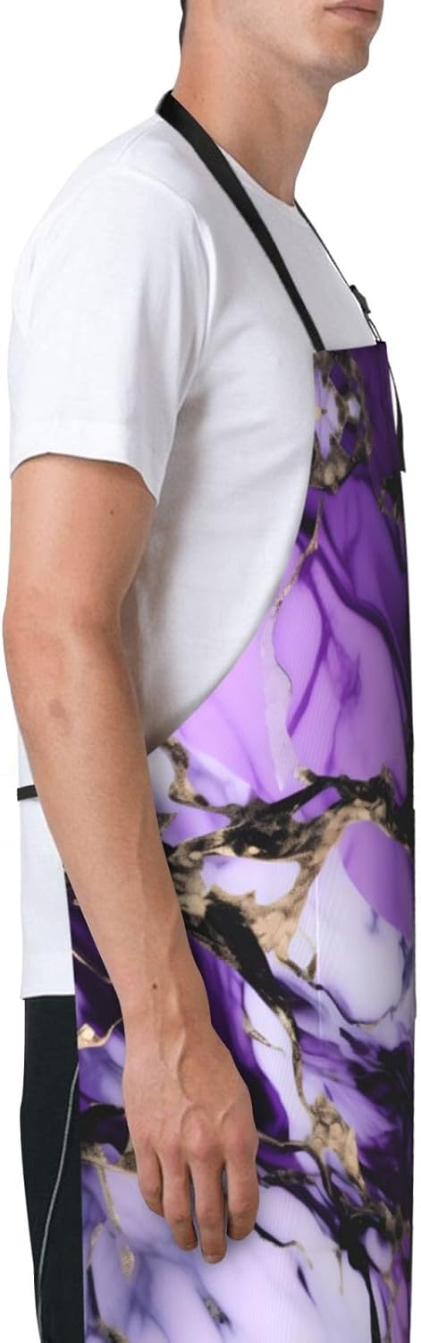 purple marble print Waterproof apron with pocket adjustable cooking ap