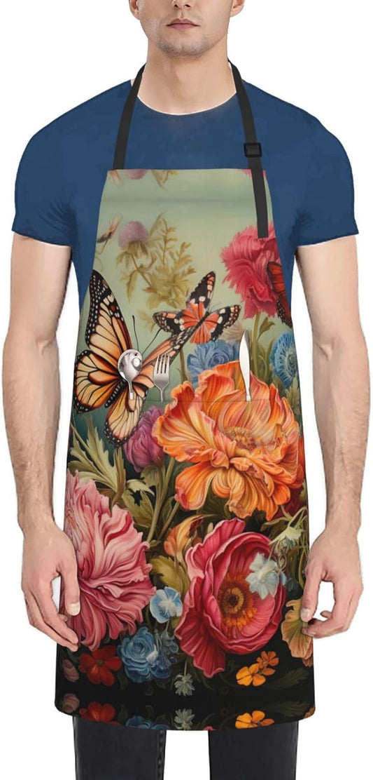 Flowers and Butterfly print Waterproof chef's apron with pocket apron for kitchen cooking baking barbecue and gardening
