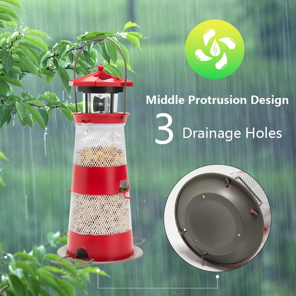 Solar Bird Feeder Lighthouse Hanging Outdoor Birdfeeder Garden Lantern Waterproof LED Lights Backyard Décor Patio Gifts for Bird Lovers (B-Lighthouse, Red)