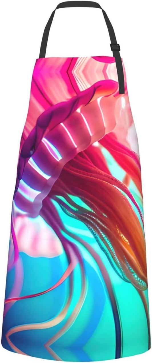 Colored jellyfish print Waterproof chef's apron with pocket apron for kitchen cooking baking barbecue and gardening