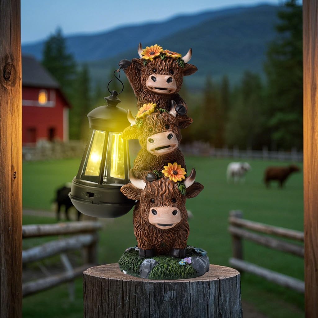 Solar Highland Cattle Night Light Sculpture Outdoor Garden Street Decoration, Cows Decorations Lantern Sculptures for Patio Yard Lawn Walkway Ornaments Clearance Gifts for Mom Grandma Birthday