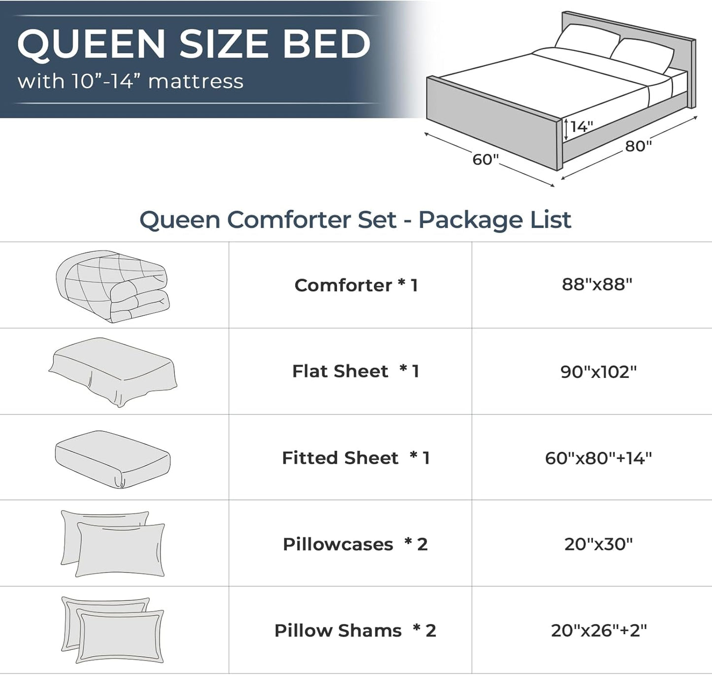 HEVUMYI 7 Pieces Queen Comforter Set, All Season Reversible Bed in a Bag, Ultra Soft Queen Bedding Set with Grey Comforter, Flat Sheet, Fitted Sheet, Pillowcases, Pillow Shams, Dark Grey