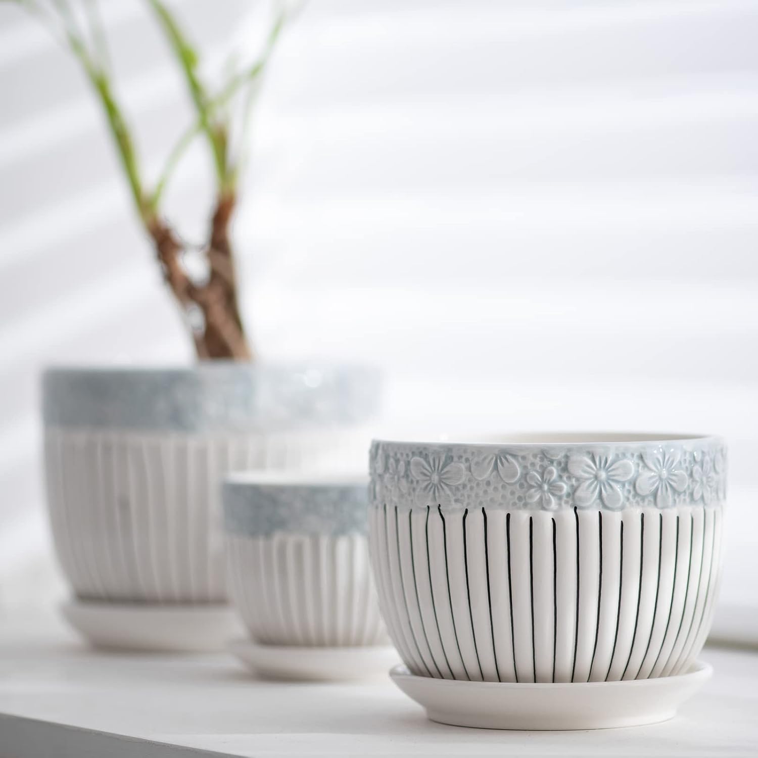 Ton Sin Grey Flower Pots,Texture Planter for Indoor Plants Set of 3 Ce