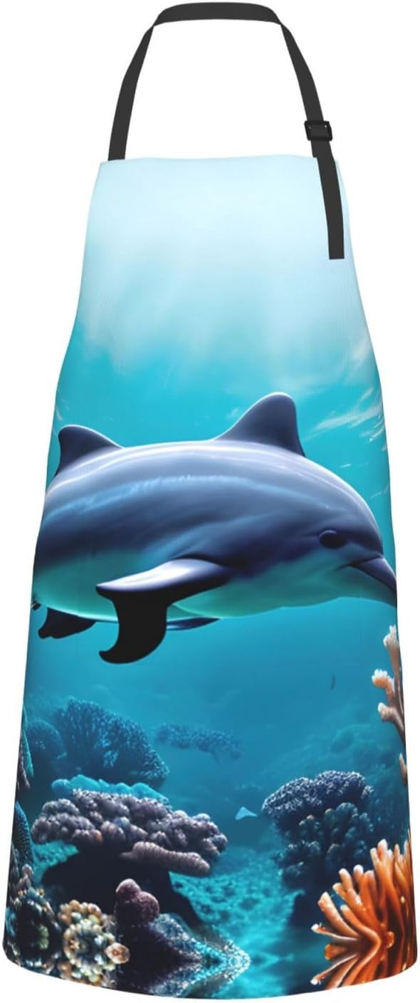 Beautiful Underwater World Dolphins Coral Print 28x33 In Adult Kitchen Apron with Pockets Versatile Chef Smock for Cooking Baking