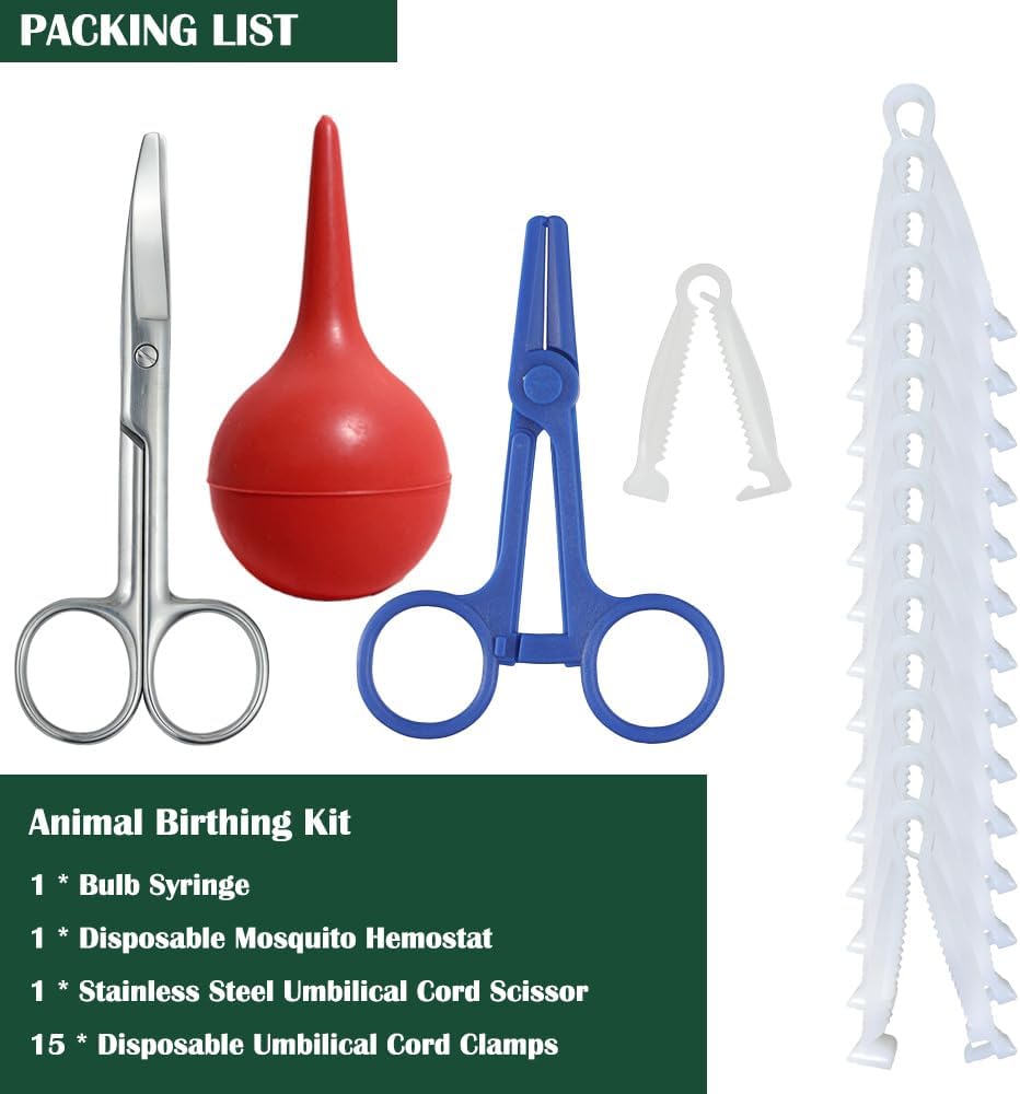 Animal Birth Kit with Curved Scissors | Disposable Umbilical Clamps, H