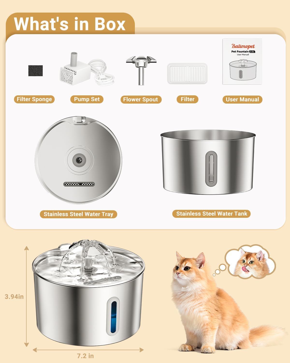 Cat Water Fountain Stainless Steel - 74oz/2.2L Pet Gift Dog Water Disp
