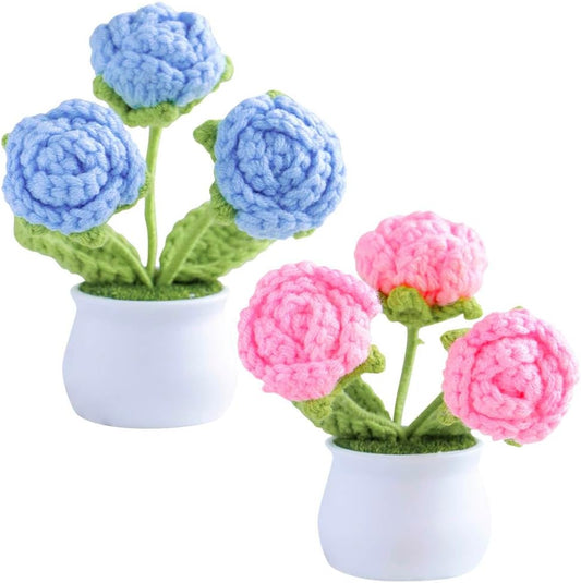 Mini Potted Artificial Crochet Rose Flower with White Pot,2Pcs Hand-Kn