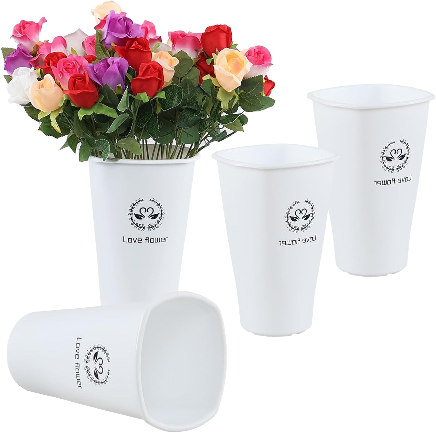 12 Inch Tall Flower Plant Buckets with Handles, Deep Plastic Flower Holder Tall Plant Pot, Planter Farmhouse Vase, Set of 4, White