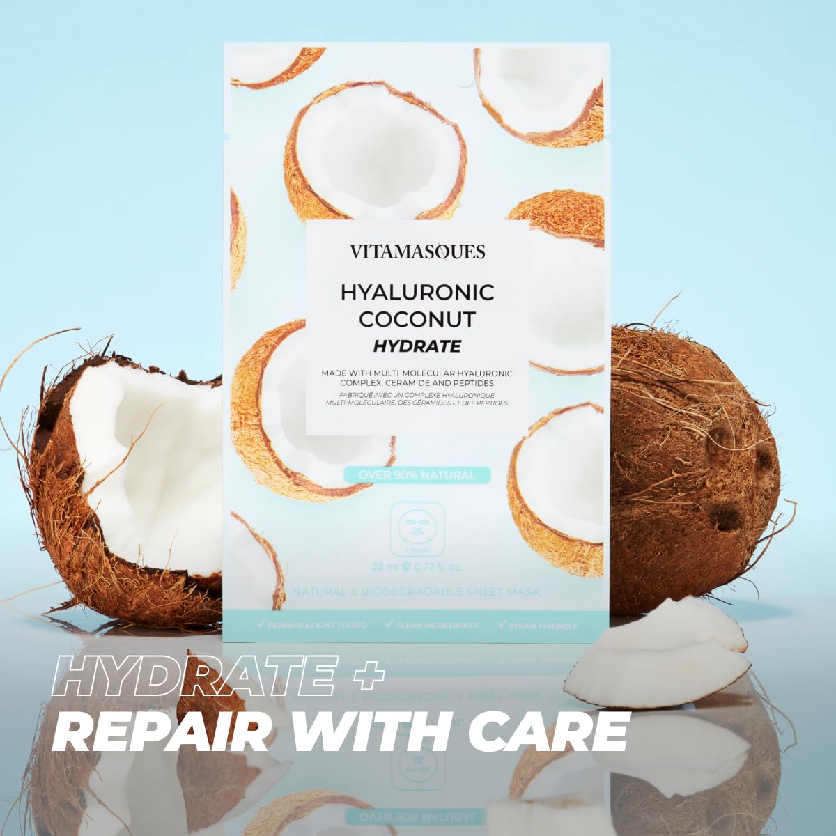 Vitamasques Biodegradable Coconut Face Mask, Hydrating Hyaluronic Acid