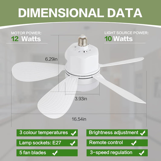 Socket Breeze Socket Fan Light with Remote Control, Portable Small Ceiling Fans with Lights for Bedroom, Kitchen, Living Room, with Dimming Function, 1000 Lumens, Screws into E26/E27