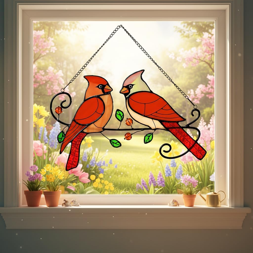 Cardinal Bird Stained Glass Window Hanging, Sun Catchers Indoor Panel, Nautical Suncatcher Decor for Home, Wall, Garden, Coastal Ornament, Gift for Women and Mom