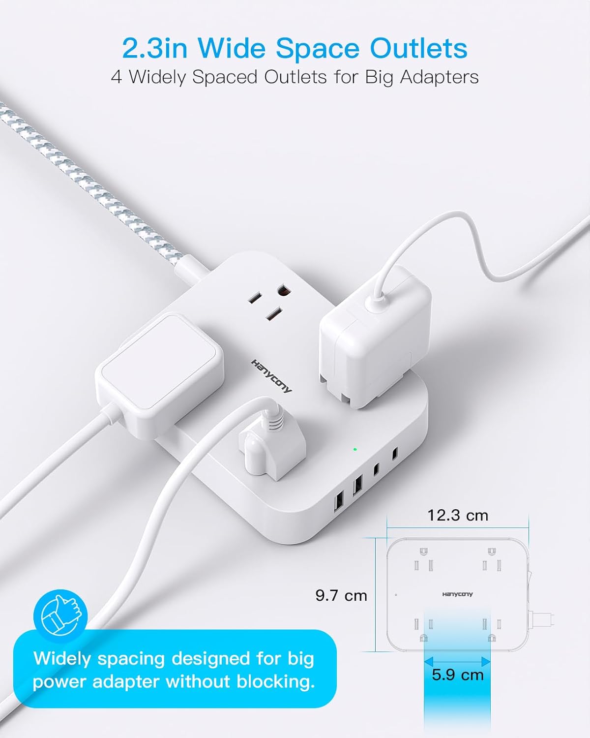 Flat Plug Extension Cord, HANYCONY 5ft Power Strip with 4 USB Ports(2 