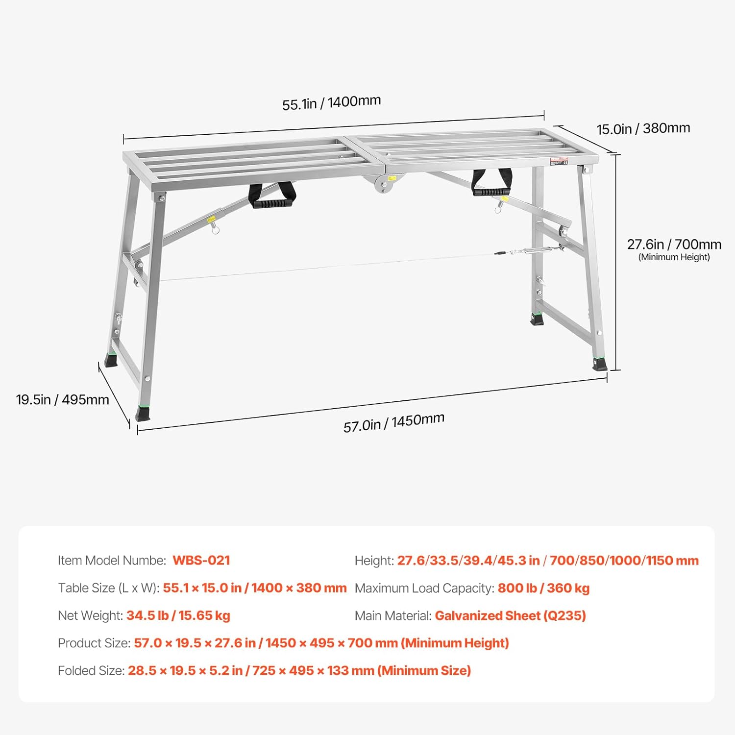 VEVOR Work Platform, 55"x 15" Portable Scaffolding Platform, Folding S