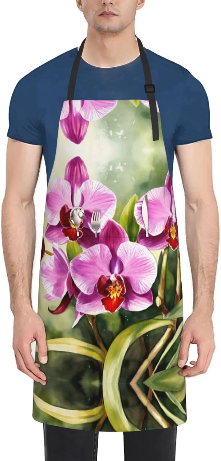 Orchid Print Laundry apron 28x33 In Waterproof Kitchen Apron with Pock