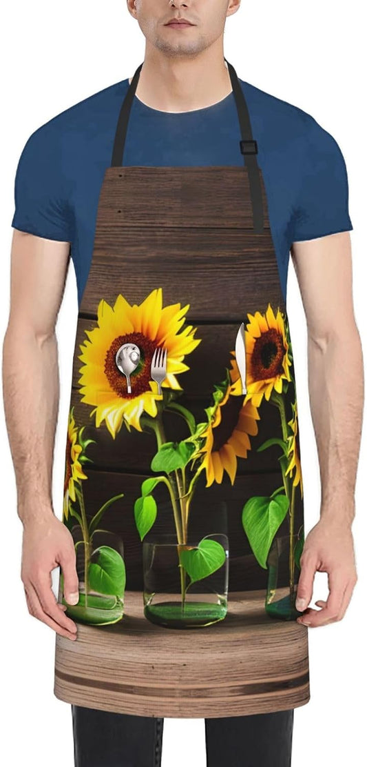 Three Sunflowers on Wooden print Waterproof chef's apron with pocket apron for kitchen cooking baking barbecue and gardening