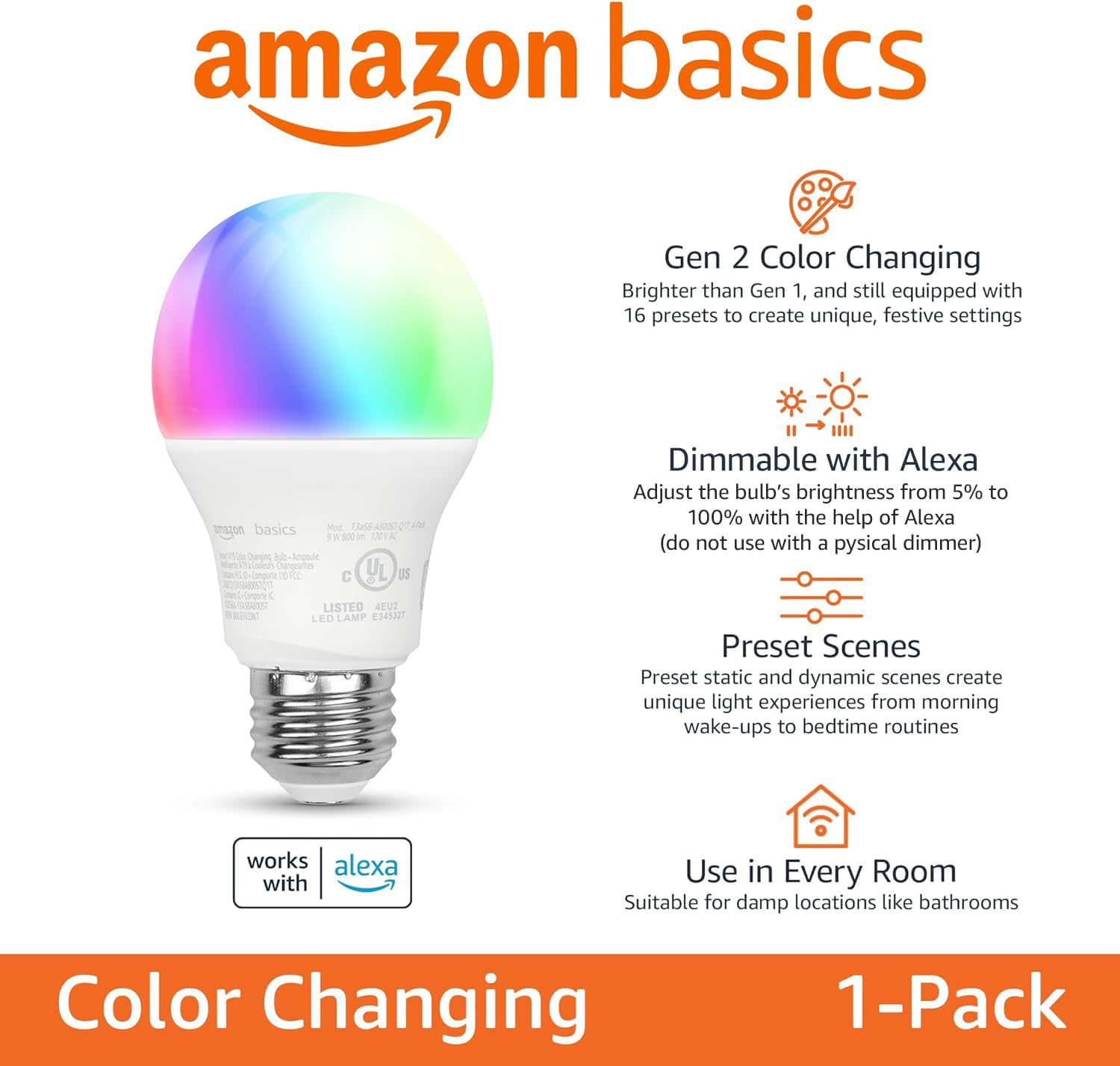 Amazon Basics Smart A19 LED Light Bulb, Color Changing, 9W (60W Equiva