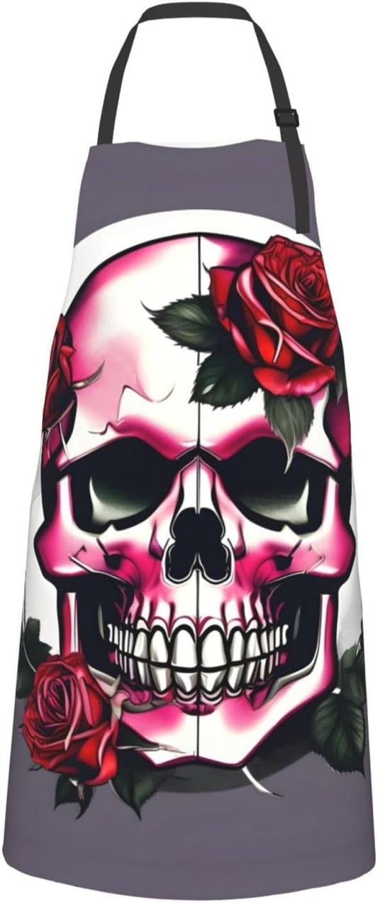 Rose Skull Print 28x33 In Adult Kitchen Apron with Pockets Versatile Chef Smock for Cooking Baking