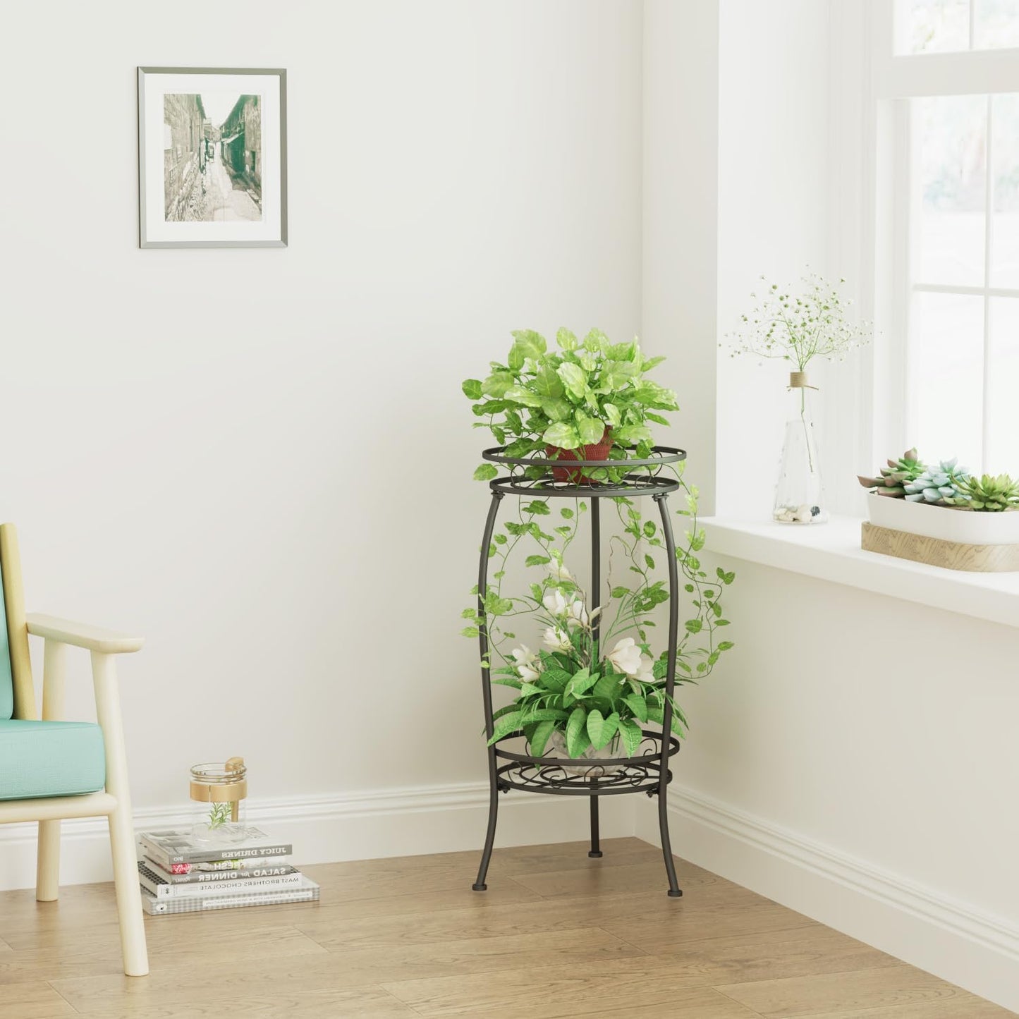 Plant Stand Indoor Outdoor, 2 Tier 27" Tall Metal Plant Stand Shelf, H