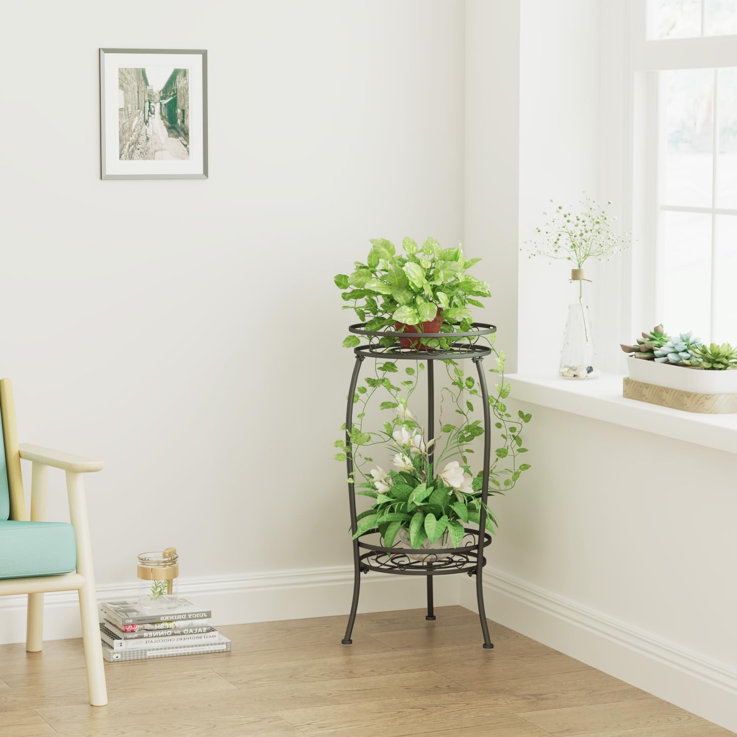 Plant Stand Indoor Outdoor, 2 Tier 27" Tall Metal Plant Stand Shelf, H