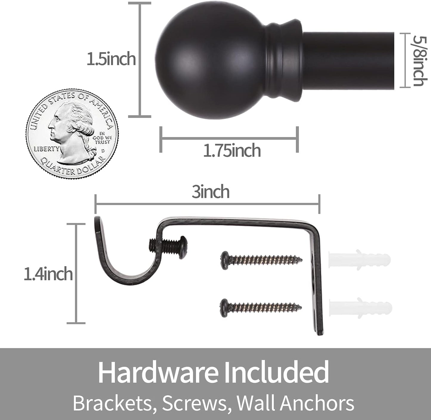 Curtain Rods for Windows 48 to 84-92 inch, 5/8" Matte Black Curtain Rod, Stainless Steel Small Curtain Rods for Bedroom, Living Room,Kitchen,Farmhouse, Outdoor Curtain rod Black