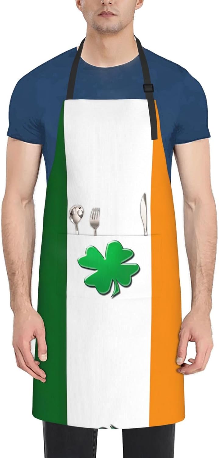 Irish Flag Print 28x33 In Adult Kitchen Apron with Pockets Versatile Chef Smock for Cooking Baking