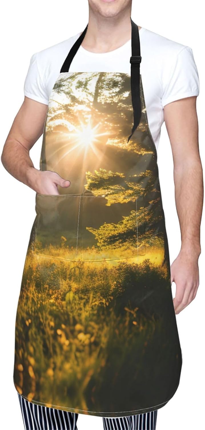 Morning Sunlight in Wilderness print Waterproof chef's apron with pocket apron for kitchen cooking baking barbecue and gardening