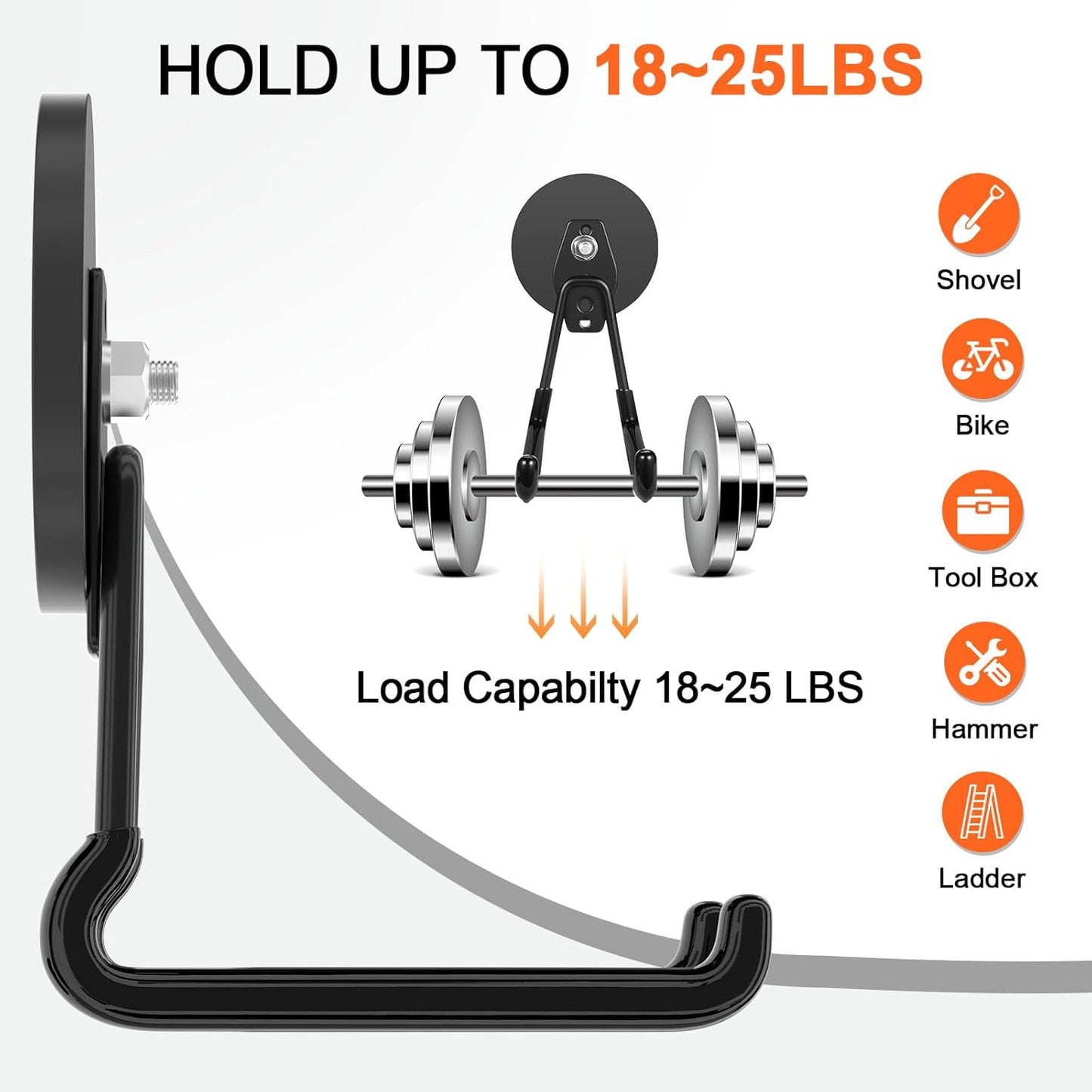 ENUODA Heavy Duty Magnetic Hooks Upgrade Magnetic Tool Holder Strong Magnet Hooks for Hanging Shovel, Garden Tool, Toolbox, Power Tool, Broom, Garage, Locker, Container, 18~25 lbs, 2PCS