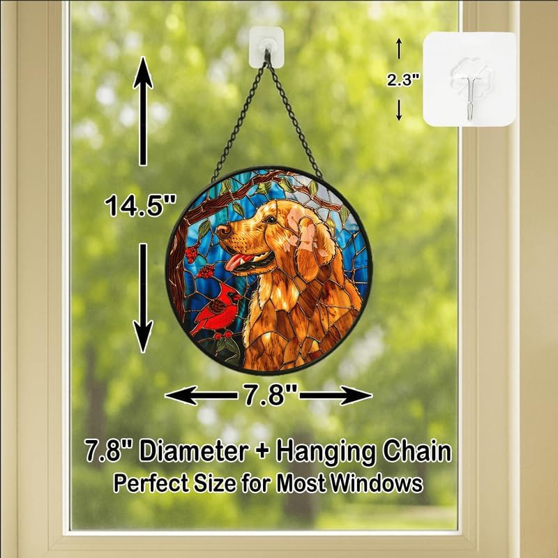Stained Glass Window Hanging - Golden Retriever & Cardinal Bird 7.8in Sun Catchers Indoor Stained Glass Panels Wall Decor for Mom, Wife, Lovers, Festive