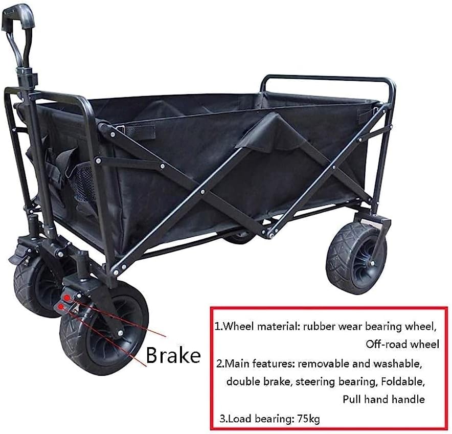 Trolleys, Portable Folding Garden Trolley Cart Heavy Duty Trolley Wagon Multi-Function Shopping Cart for Outdoor Camping Beach Pull Truck with 4 Wheels, Black, Load:75Kg