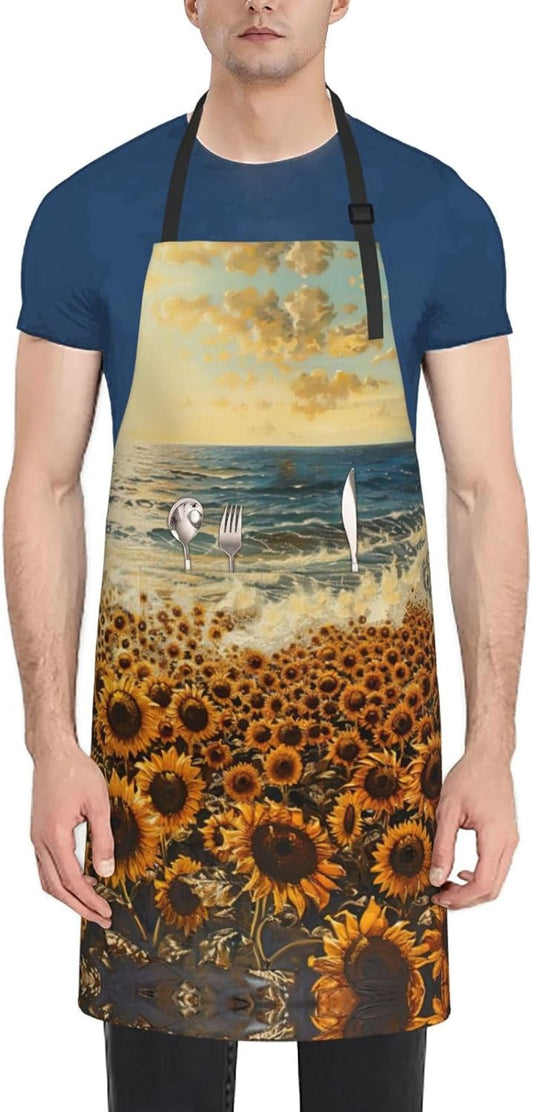 sunflowers sea print Waterproof chef's apron with pocket apron for kitchen cooking baking barbecue and gardening
