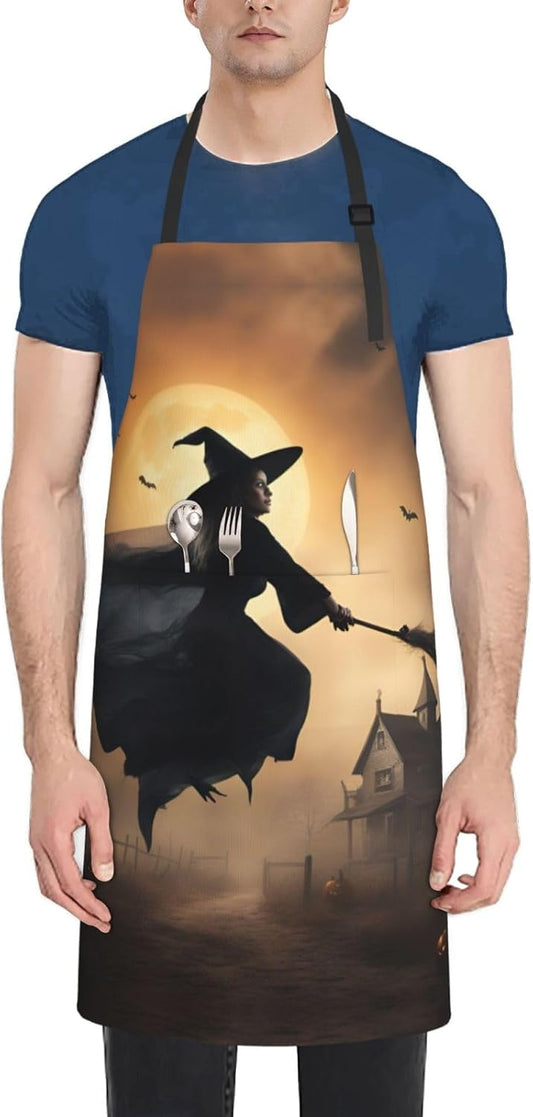 Halloween Witch Flying 2 print Waterproof chef's apron with pocket apron for kitchen cooking baking barbecue and gardening
