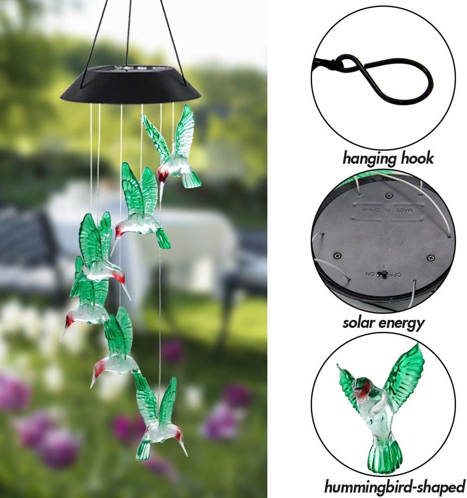 MorTime LED Solar Hummingbird Wind Chime, 25" Mobile Hanging Wind Chim
