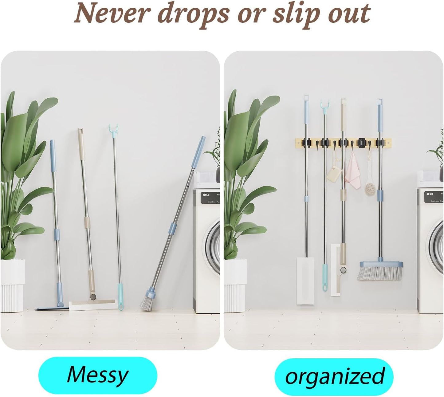 Mop and Broom Holder Wall Mount - Bamboo Broom Mop Hanger - Wall Mounted Garden Tool Rack Organizer for Closet Garage Laundry Room Kitchen Decor With 5 Slots & 4 Hooks (Bamboo)