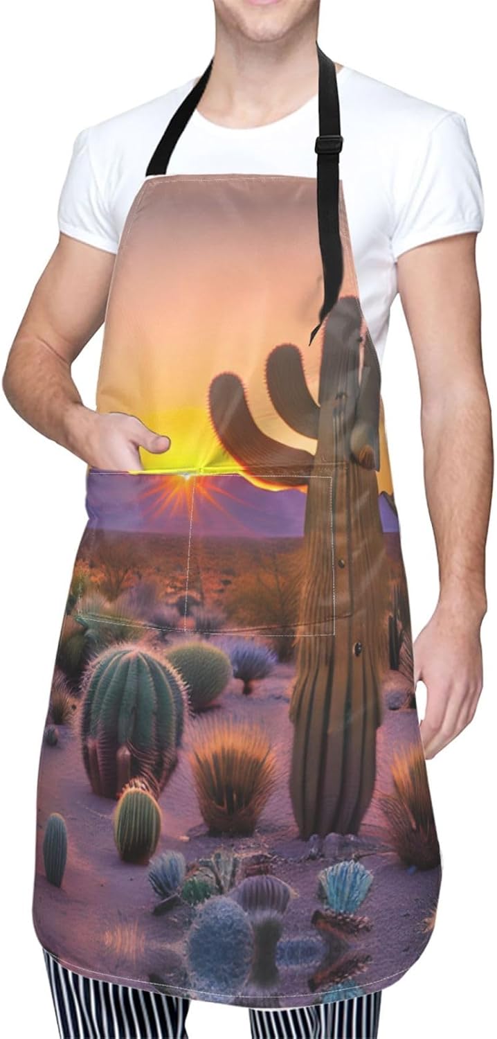 Cactus Desert Sunsets Print Laundry apron 28x33 In Waterproof Kitchen Apron with Pockets for Cooking Baking