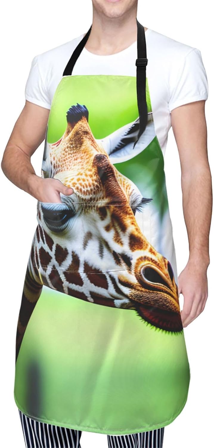 Cartoon Giraffe print Waterproof chef's apron with pocket apron for kitchen cooking baking barbecue and gardening