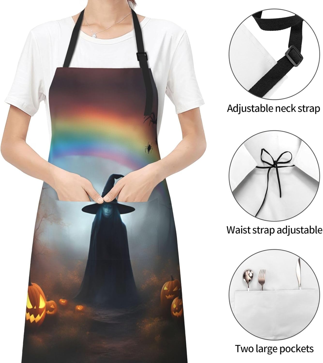 Rainbow Halloween Ghost Witch Hat Spiders Print 28x33 In Adult Kitchen Apron with Pockets Versatile Chef Smock for Cooking Baking