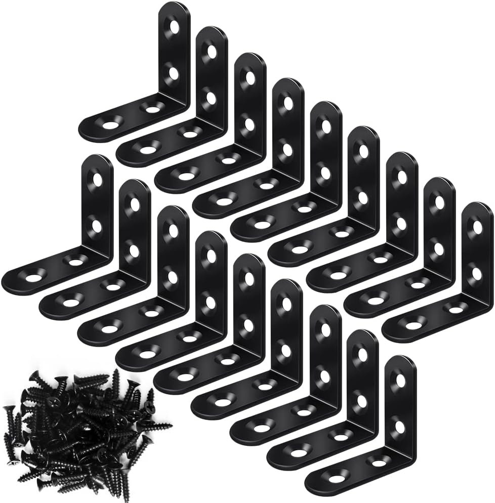 18PCS L Bracket Corner Bracket, FATLODA Stainless Steel L Brackets for Shelves, Black Small Right Angle Bracket, Metal Corner Brace for Wood Furniture Cabinet Chair with 72PCS Screws (1.57x1.57 in)